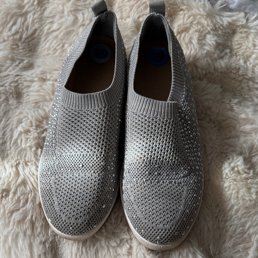 Slip-On Knit Women’s Sneaker with Rhinestone Accents - Silver